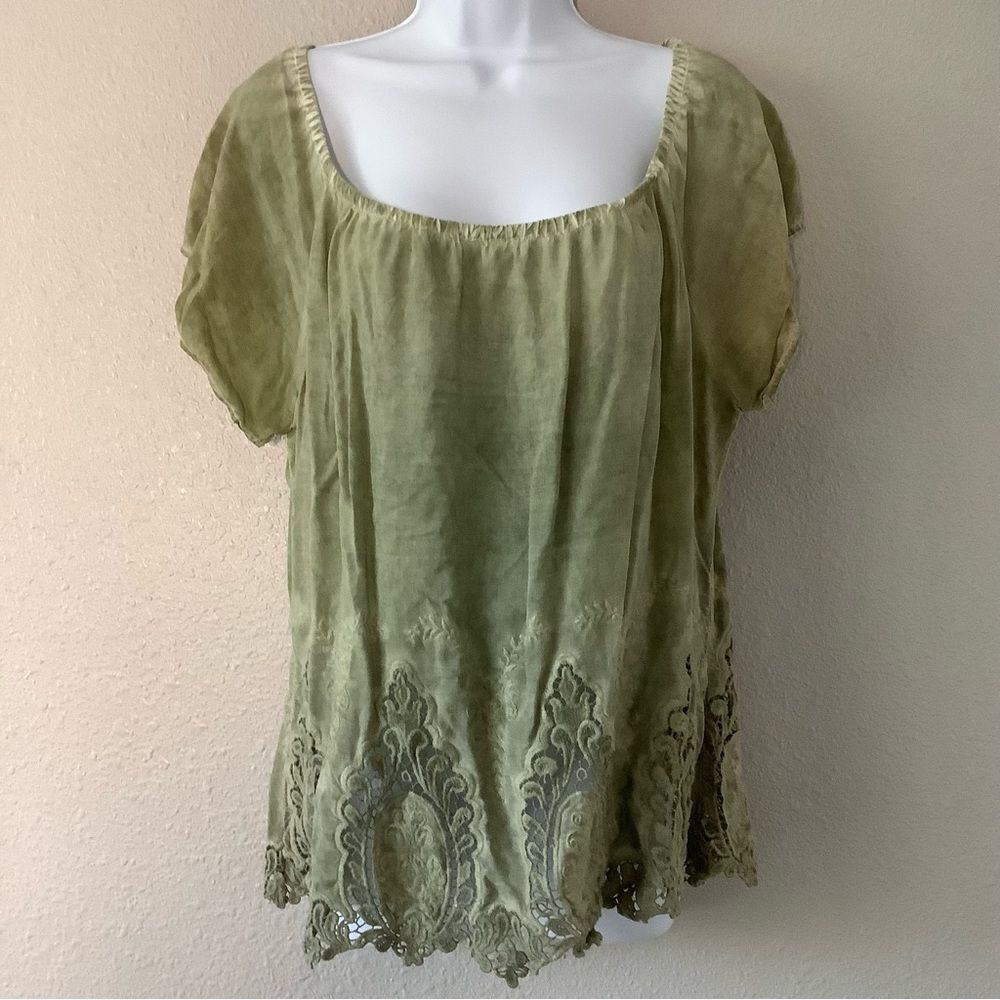 Green Cottagecore Lace Cutout Fairycore Bohemian Fairy Peasant Blouse M Boho